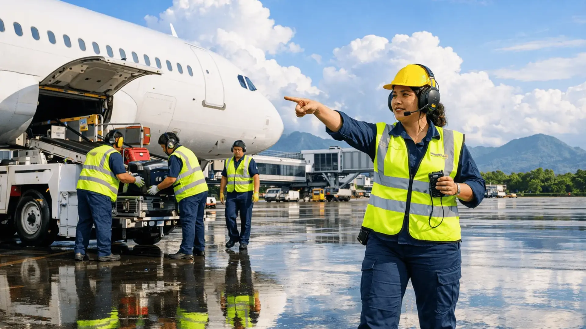 Ramp supervisor directing baggage loading operations on wet apron