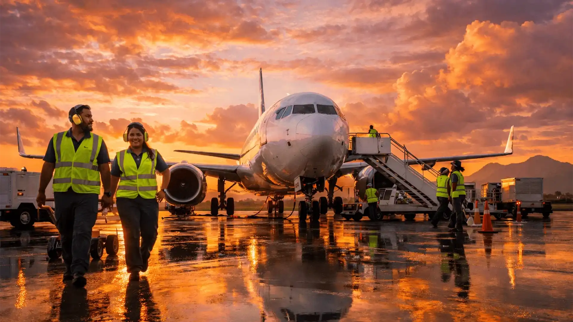 Ground crew walking on wet apron at sunset with aircraft and boarding stairs