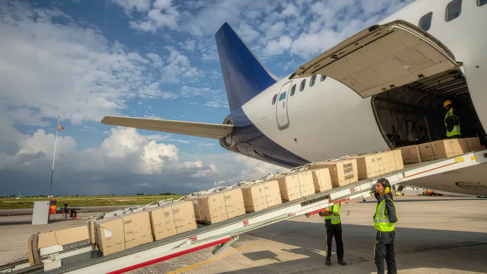 Cargo loading via conveyor belt onto aircraft