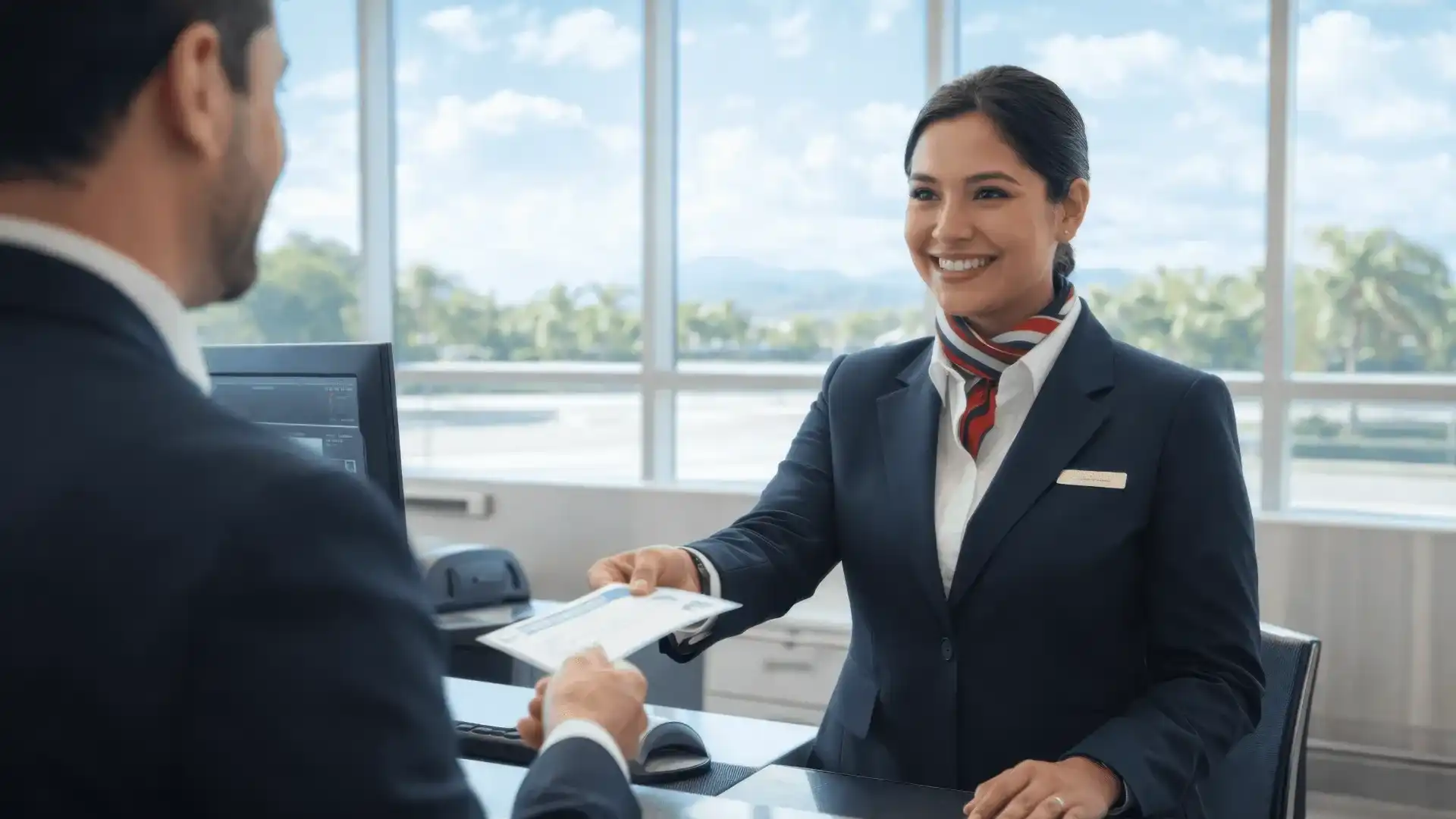 Passenger check-in agent assisting traveler